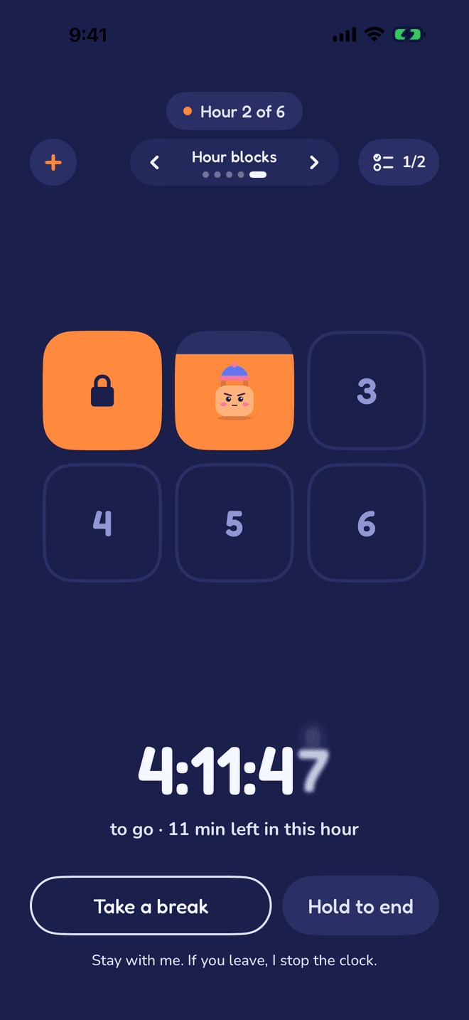 The Hour blocks face: one block for each hour of the goal
