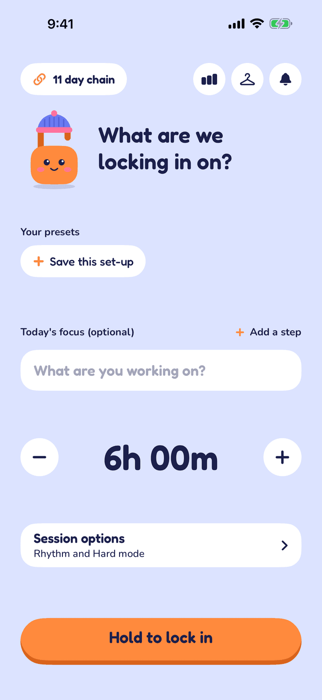 Locked In on an iPhone: the home screen, ready to lock in