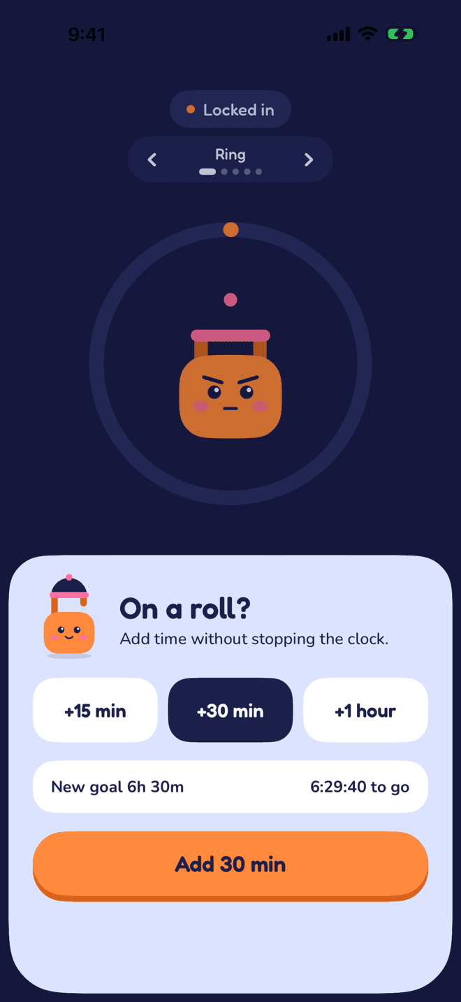 The add time sheet offering 15 minutes, 30 minutes or an hour, with the new goal shown