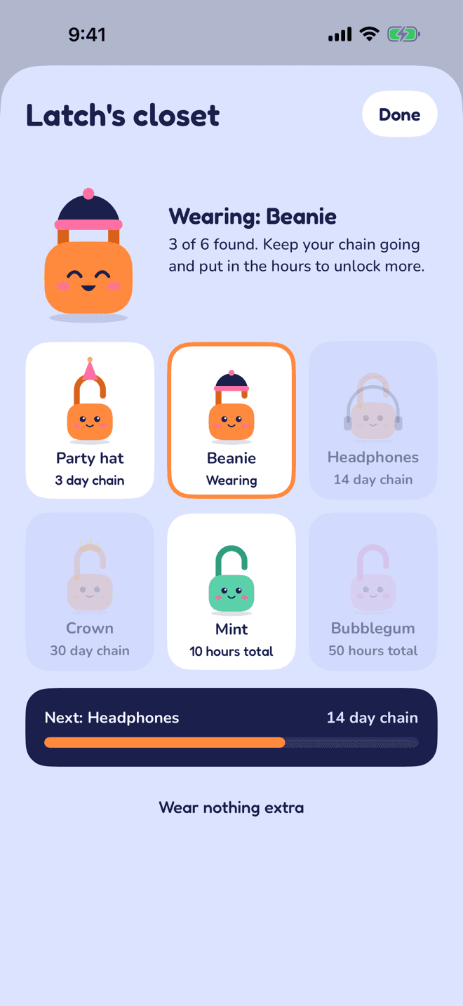 Latch's closet: six hats and colours, three unlocked, with Latch wearing a beanie