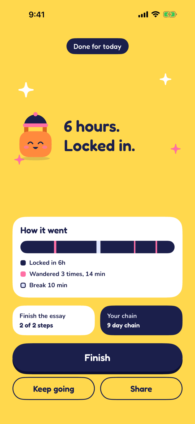 The done screen: a beaming Latch with sparkles and 6 hours locked in