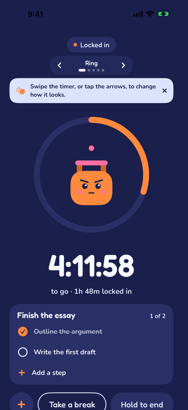 The locked in screen: Latch inside a progress ring with 4:12:00 to go