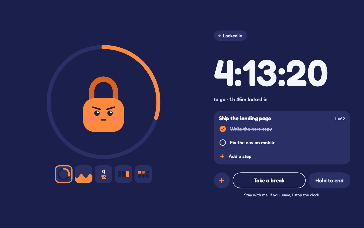 Locked In on a Mac: Latch in a progress ring beside a large countdown and a list of steps